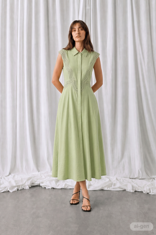CMCOLE – GEMUSTERTES KLEID MIT SPITZE IN GRÜN