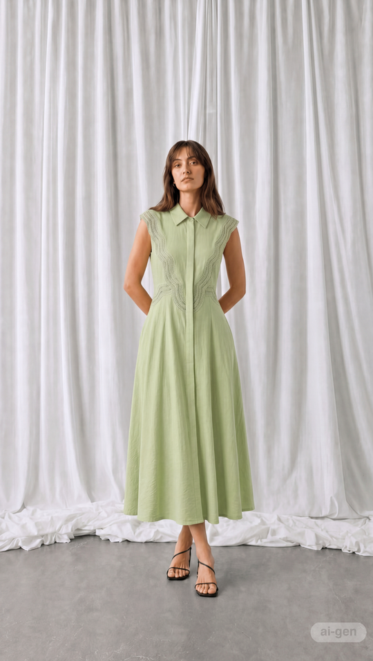CMCOLE – GEMUSTERTES KLEID MIT SPITZE IN GRÜN