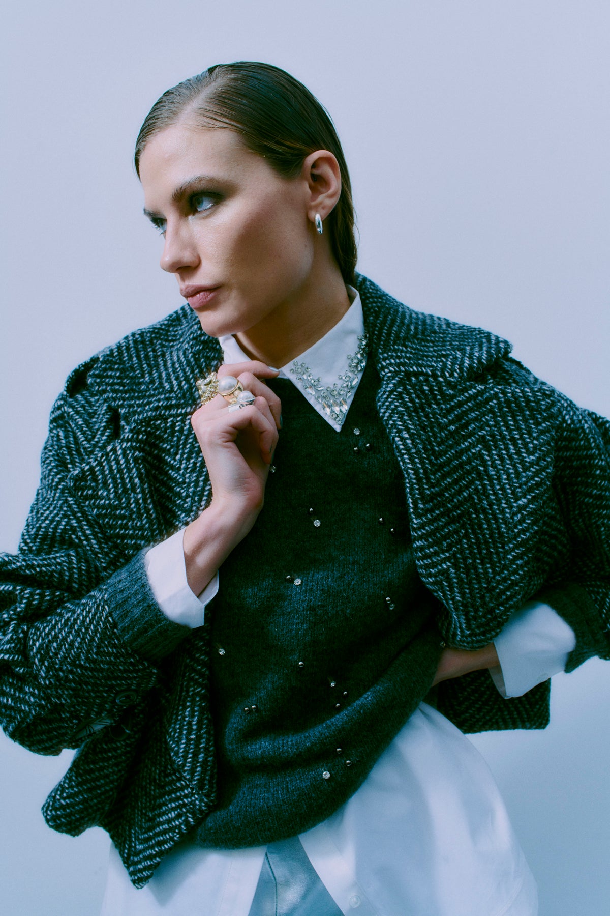 CMDIAMOND - PULLOVER MIT SIMILIST UND PERLEN IN GRAU