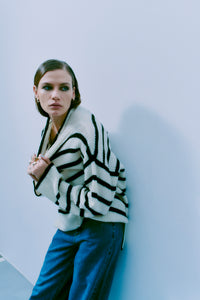 CMBIANCA - GESTREIFT PULLOVER IN SCHWARZ UND WEISS,WOLLWEISS
