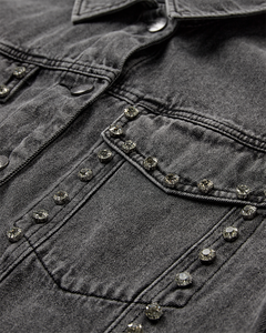 CMCHARLEE - LANGE DENIMJACKE MIT STRASSSTEINEN IN GRAU