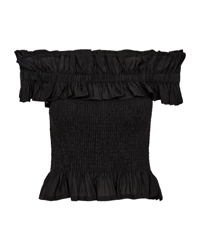 CMMOLLY – OFF-SHOULDER BLUSE MIT RÜSCHEN IN SCHWARZ