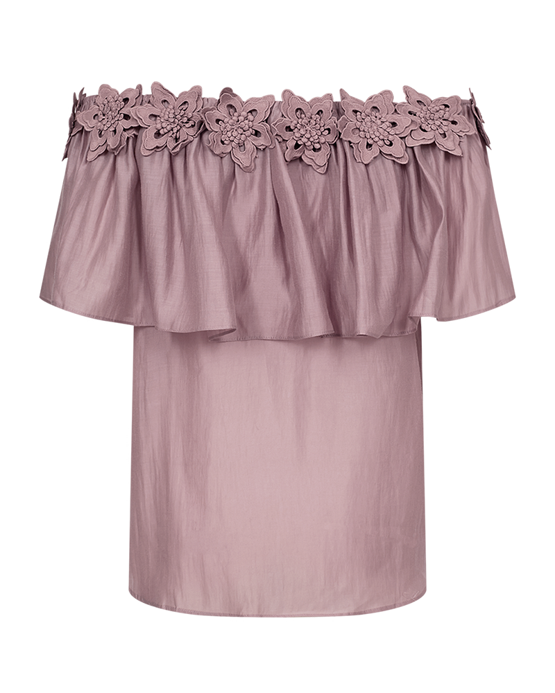CMMOLLY - OFF-SHOULDER HEMD MIT HANDGENÄHTEN BLUMEN IN ROSA