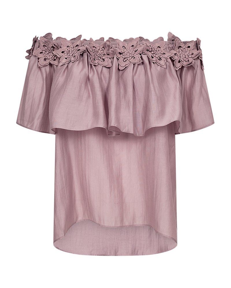 CMMOLLY - OFF-SHOULDER HEMD MIT HANDGENÄHTEN BLUMEN IN ROSA