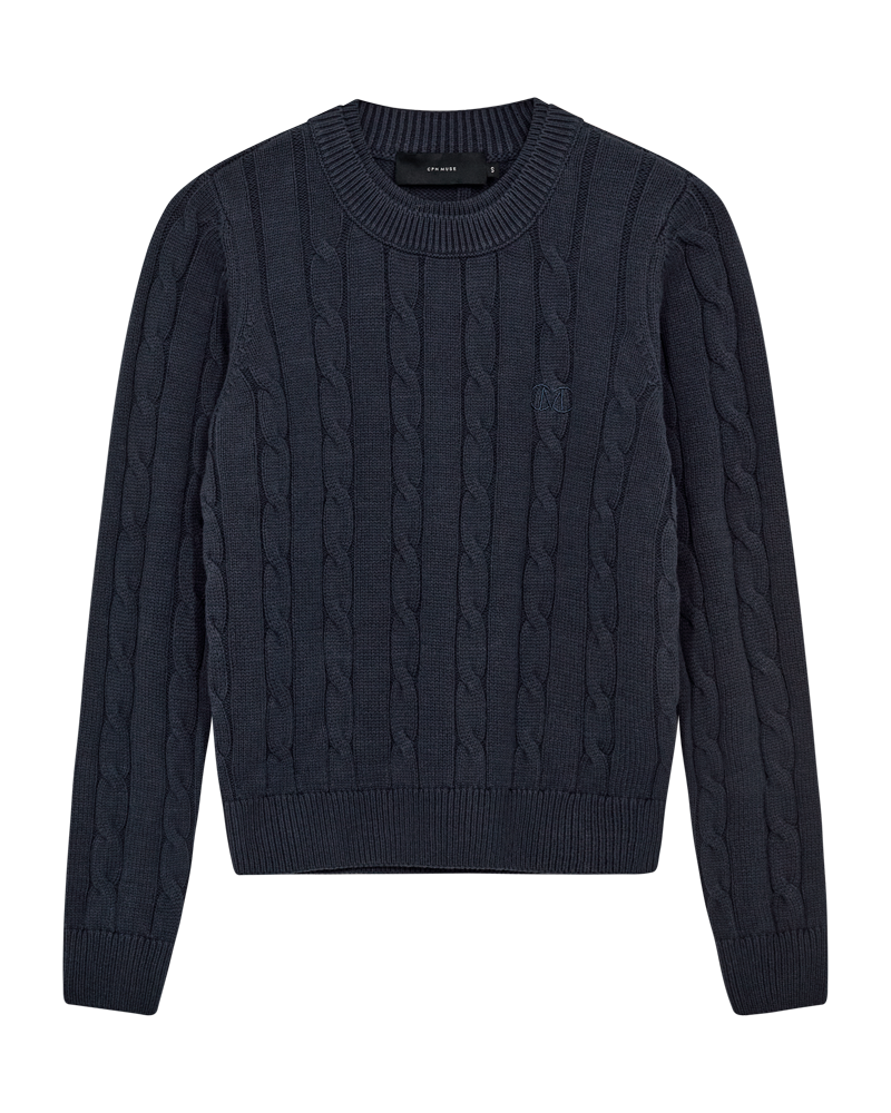 CMCOTTON – ZOPFSTRICK-PULLOVER MIT LOGOSTICKEREI IN BLAU