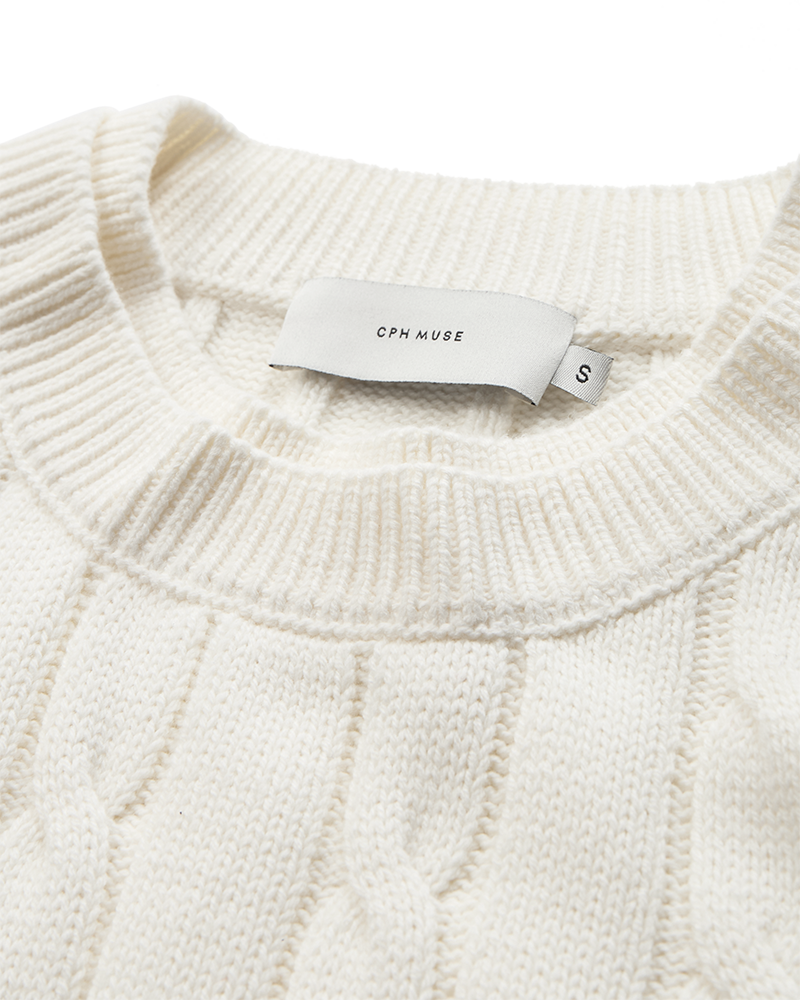 CMCOTTON - ZOPFSTRICK-PULLOVER MIT LOGOSTICKEREI IN WOLLWEISS