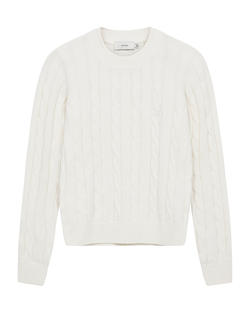 CMCOTTON - ZOPFSTRICK-PULLOVER MIT LOGOSTICKEREI IN WOLLWEISS