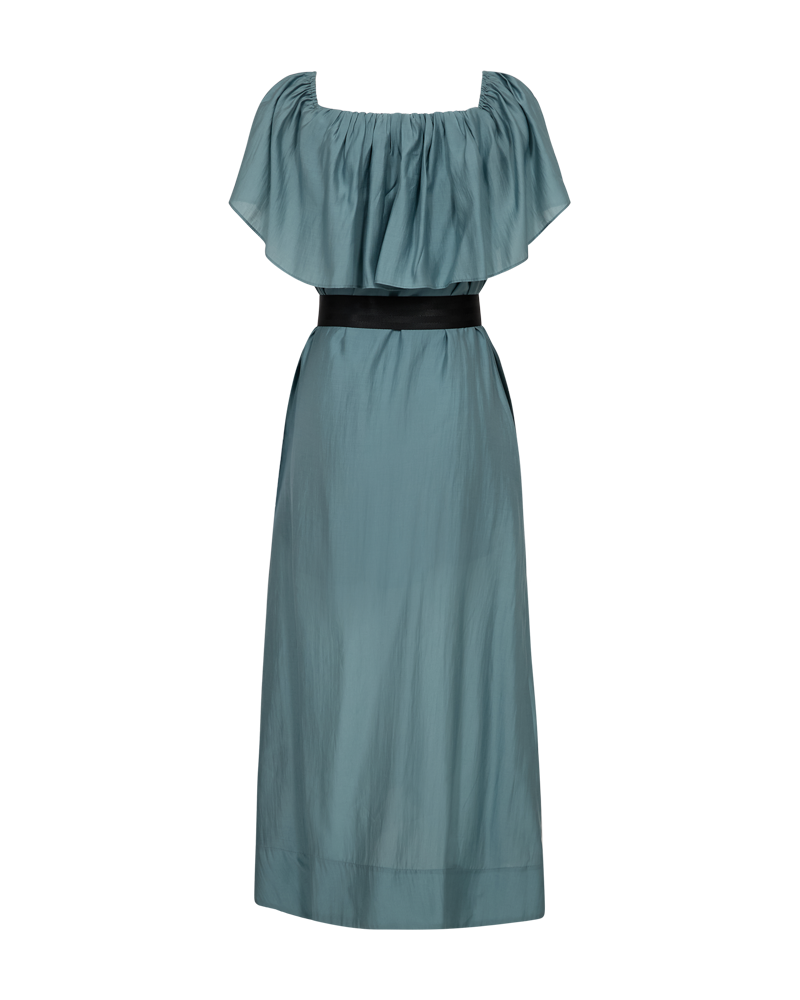 CMMOLLY – KLEID MIT RÜSCHE UND GÜRTEL IN BLAU