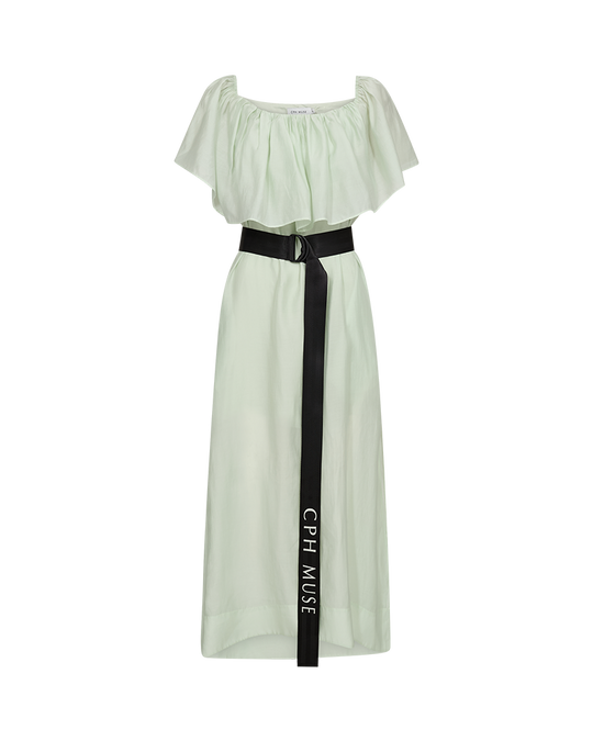 CMMOLLY – KLEID MIT RÜSCHEN UND GÜRTEL IN GRÜN