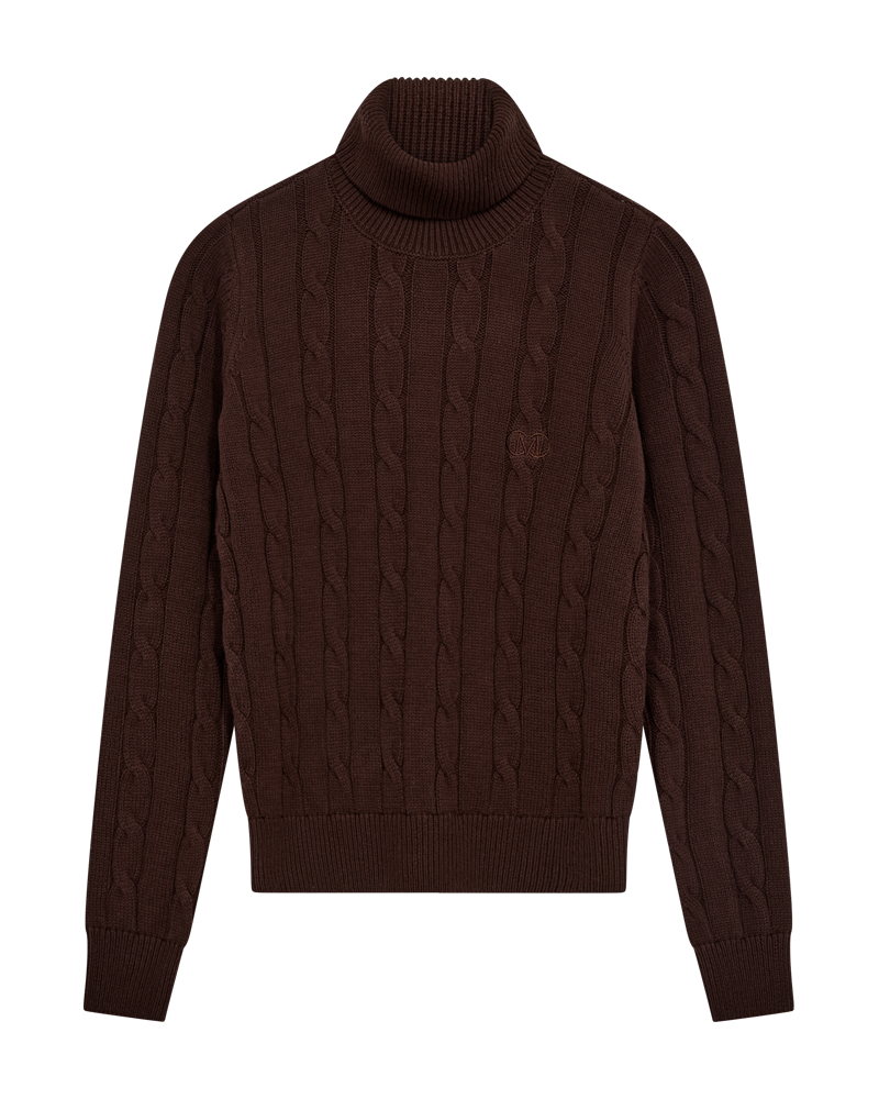 CMKOTOM – KABELSTRICK-PULLOVER MIT GESTICKLTEM LOGO-DETAIL IN BRAUN